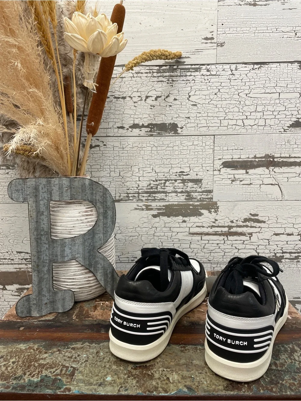 Tory Burch Calf Leather 90’s Black and White Low-Top Logo Sneakers